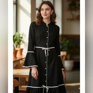 Dress Twist And Jam Contrast Binding Flounce Sleeve Knot Front Ruffle Hem Dress